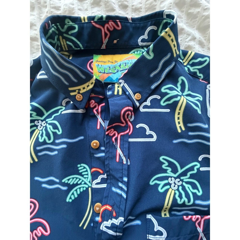 Greetings From The Weekend The Nutter Mens Neon Tropical Flamingo Popover Shirt - Picture 4 of 7